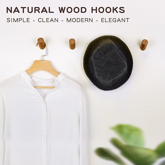 Felidio Wooden Wall Hooks, 2 Pack Coat Hooks Wall Mount, Natural Wood Hooks - Image 2