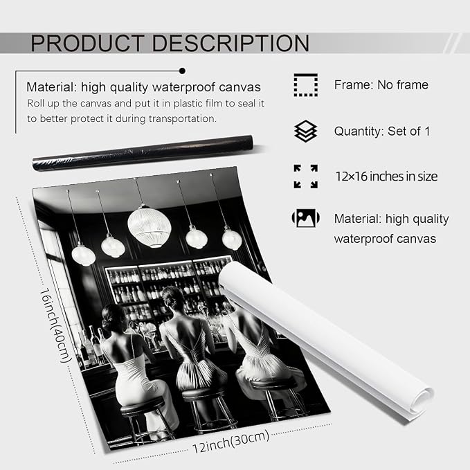 Vintage Black and White Canvas Wall Art Trendy Women Drink Cocktail Posters - Image 2