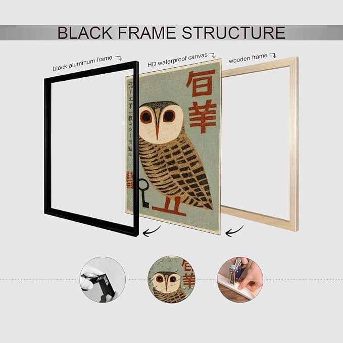 Vintage Japanese Black Framed Wall Art Owl Poster Mid Century Animal Print - Image 3