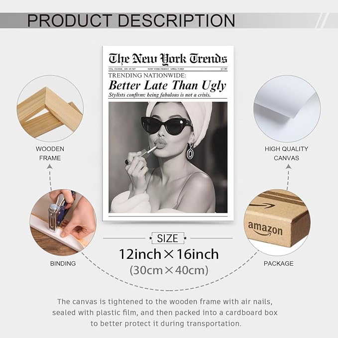 FuSatisYilife Trendy Newspaper Framed Posters Better Late Than Ugly Wall Art - Image 2
