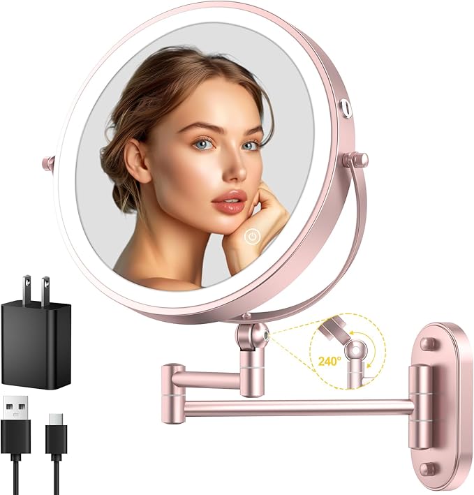 9" Wall Mounted Lighted Makeup Mirror, 4000mAh Rechargeable Double Sided 1X/10X by IMIKONA