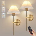 Gold Wireless Wall Sconce Sets of 2, Pleated Shades Rechargeable Battery by KELUOLY