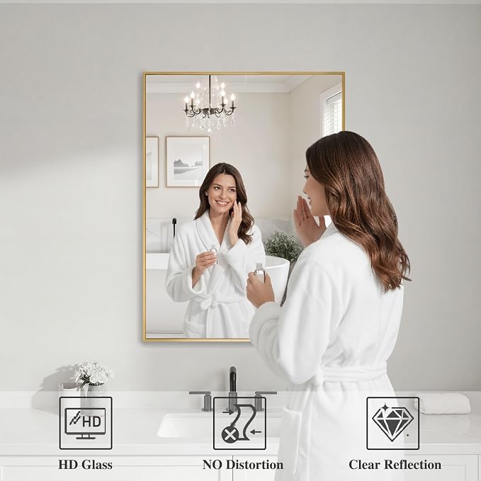 Koonmi Gold Rectangle Wall Mirror, 20x30 Inch Bathroom Mirror, Aluminum Frame - Image 3