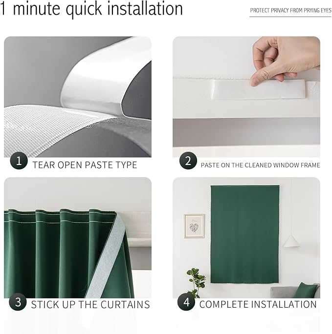 Thermal Blackout Curtains with Self-Adhesive Tape, No Rod No Drill Easy Install - Image 4