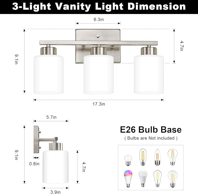 FonmYim Brushed Nickel Bathroom Light Fixtures, 3-Light Modern Vanity Light - Image 2