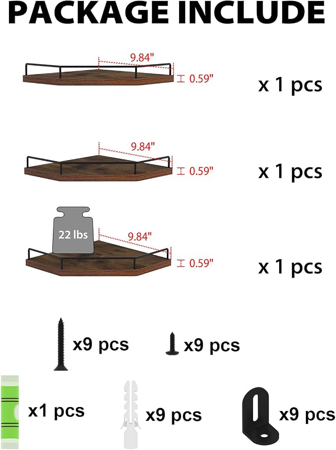HORLIMER Floating Corner Shelf Wall Mount, 3 Pack Rustic Wood Corner Wall - Image 6