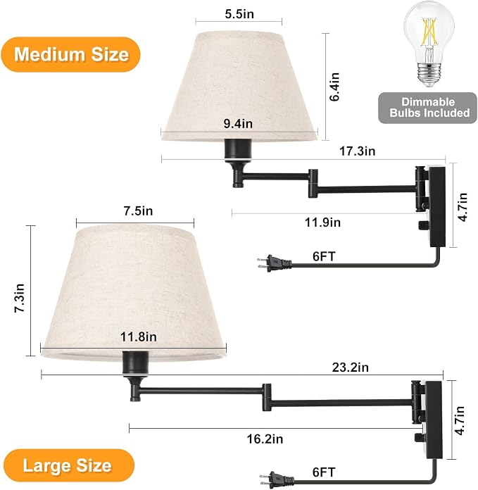 TRLIFE Dimmable Wall Sconce Plug in, Wall Sconces Set of Two Swing Arm Wall - Image 5