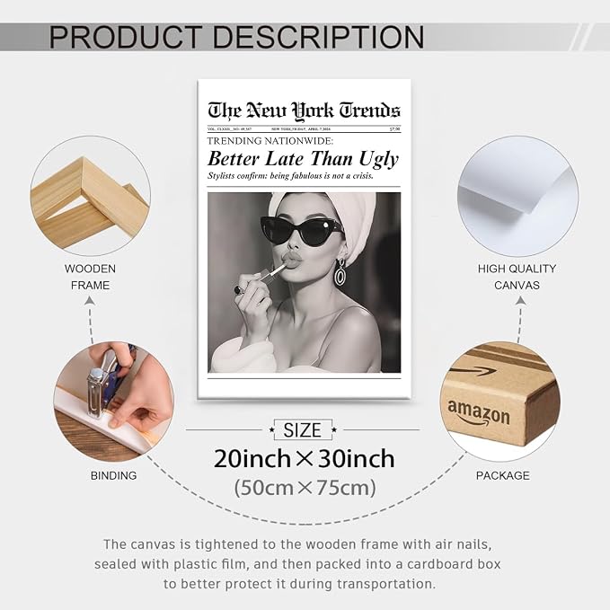 FuSatisYilife Trendy Newspaper Framed Posters Better Late Than Ugly Wall Art - Image 2
