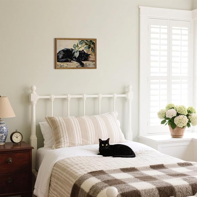 Framed Black Cat Canvas Wall Art, Vintage Sleeping Cat - Image 7