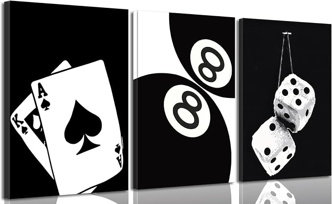 BOKPEN 3Pcs Black and White Poker Dice Canvas Wall Art Lucky You Poster Prints by bokpen