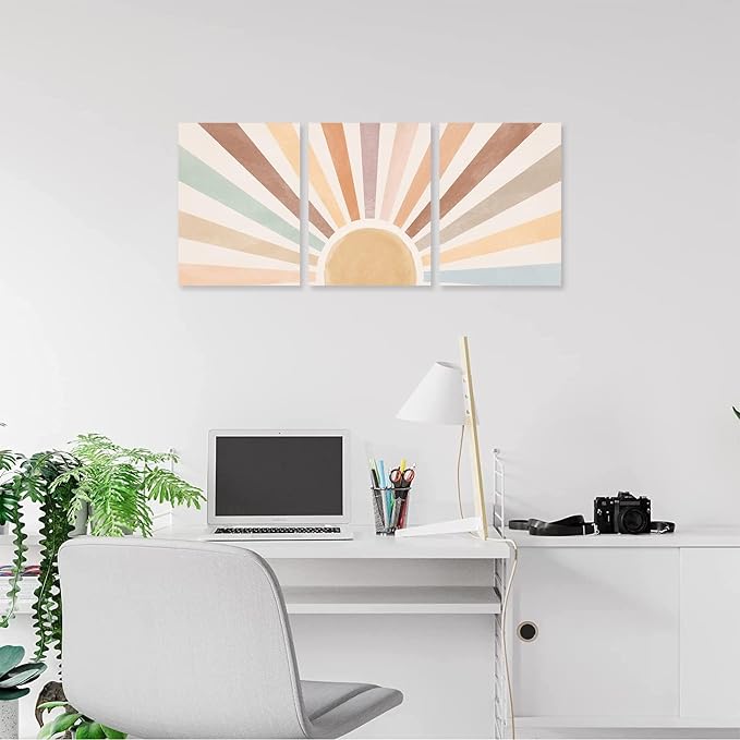 Boho Sun Wall Art Set of 3, Framed Canvas Wall Art Rainbow Sun Rising on the - Image 7