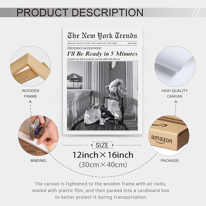 Vintage Newspaper Framed Wall Art Trendy Black and White Aesthetic Posters - Image 2