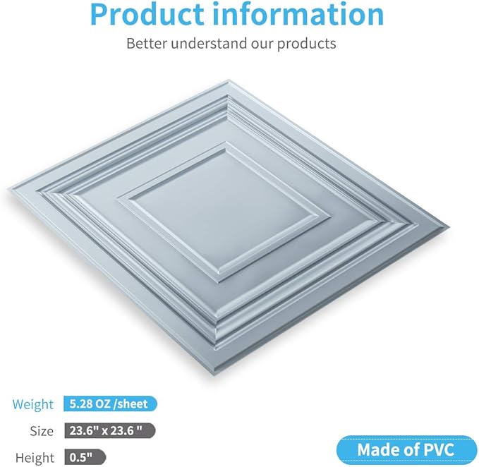 Art3d Decorative 3D Wall Panels 24" x 24", Square Gray Ceiling Tiles, Wall - Image 5