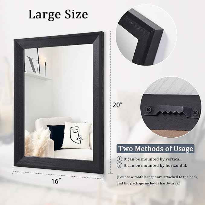 AAZZKANG Black Mirrors for Wall Rectangle Wood Framed Large 20"x16" Decorative - Image 2