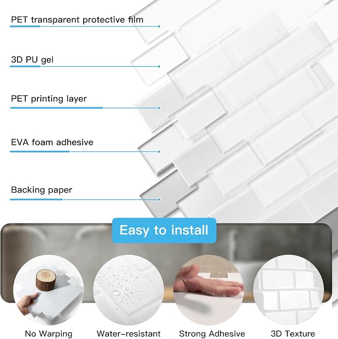 Art3d Peel and Stick Backsplash Tiles – 12"x12" White Washed Thicker Design - Image 7