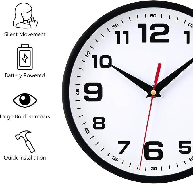 Wall Clock Silent Non-Ticking 10 Inch Clocks Battery Operated Large Numbers - Image 2