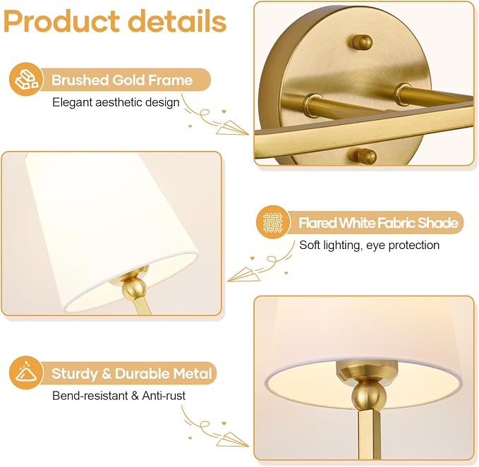 MOKATNG Bathroom Light Fixtures, 2-Light Brushed Gold Vanity Lights, Bathroom - Image 8