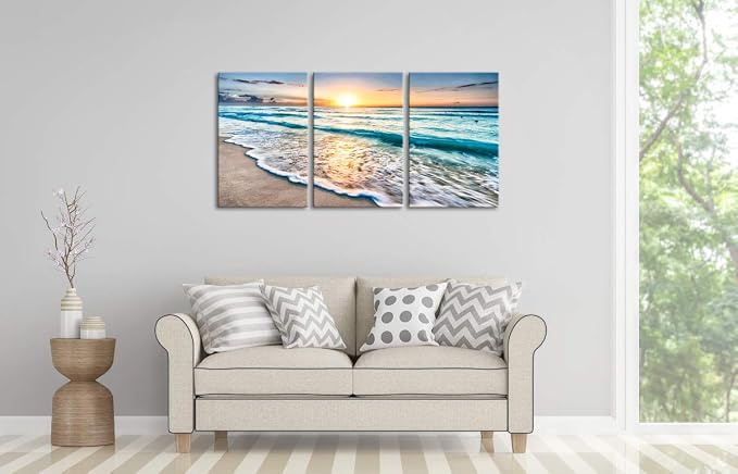 Wieco Art 3 Panels Blue Beach Sunrise White Wave Pictures on Canvas Wall Art - Image 5