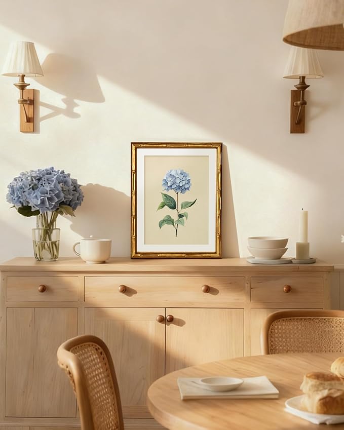 InSimSea Gold Bamboo Framed Canvas Wall Art, Vintage Hydrangea Flower Prints - Image 2