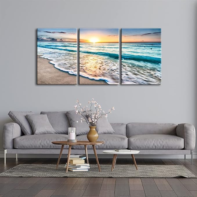 Wieco Art 3 Panels Blue Beach Sunrise White Wave Pictures on Canvas Wall Art - Image 5