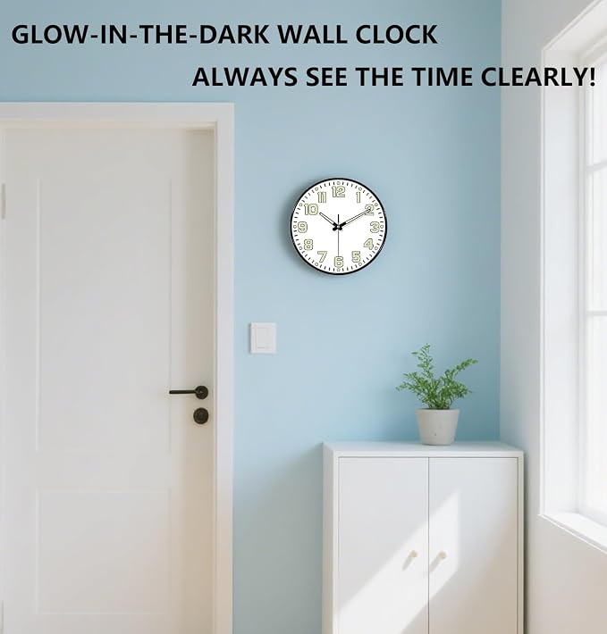 Glow in The Dark Wall Clock, Large Easy Read Numbers Tempered Glass Night Light - Image 2
