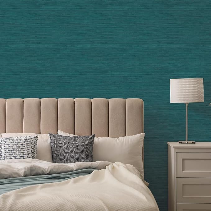 Tempaper Textured Teal Green Horizontal Faux Grasscloth Removable Peel and - Image 2
