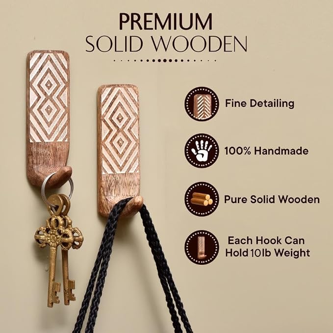IndianShelf 10 LB- 6 Pieces Decorative Wood Adhesive Wall Hooks–Boho Peel and - Image 4