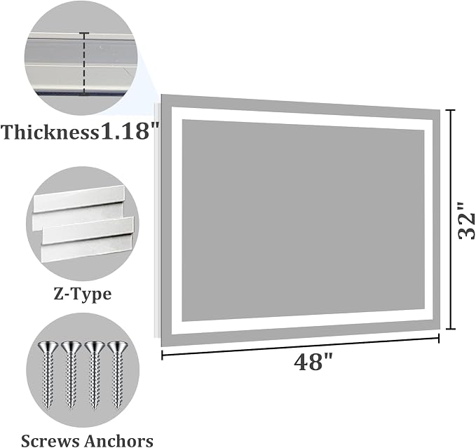 Koonmi 48"x32" LED Mirror for Bathroom, 90CRI Anti-Fog Vanity Mirror - Image 9
