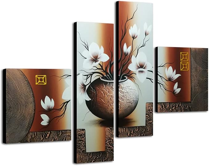 Wieco Art Large Size Decorative Elegant Flowers 4 Panels 100% Hand-painted by WiecoArt