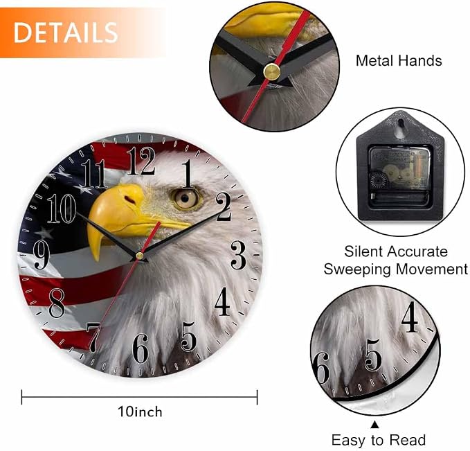 Mxocom American Bald Eagle Wall Clock USA Flag Majestic Bird Freedom 10 Inch - Image 2