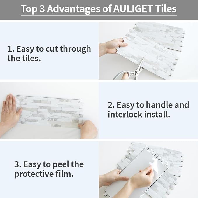 AULIGET 20 Sheets White Stone Peel and Stick Backsplash, PVC Mixed Metal Silver - Image 7