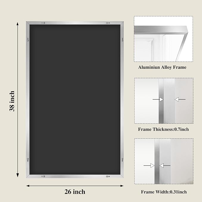 Koonmi Silver Rectangle Wall Mirror, 26x38 Inch Bathroom Mirror, Aluminum Frame - Image 2