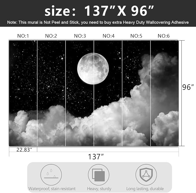 -Gray Galaxy Universe Moon Fabric Wallpaper Ceiling Starry Night White Clouds - Image 4
