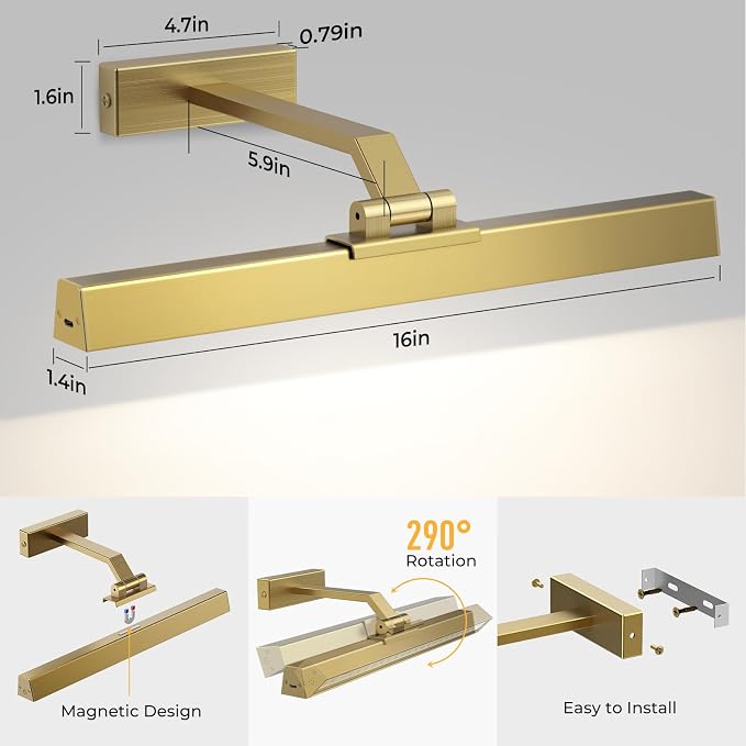 Afyuol Picture Lights for Wall, Brushed Gold Battery Operated Picture Light - Image 7