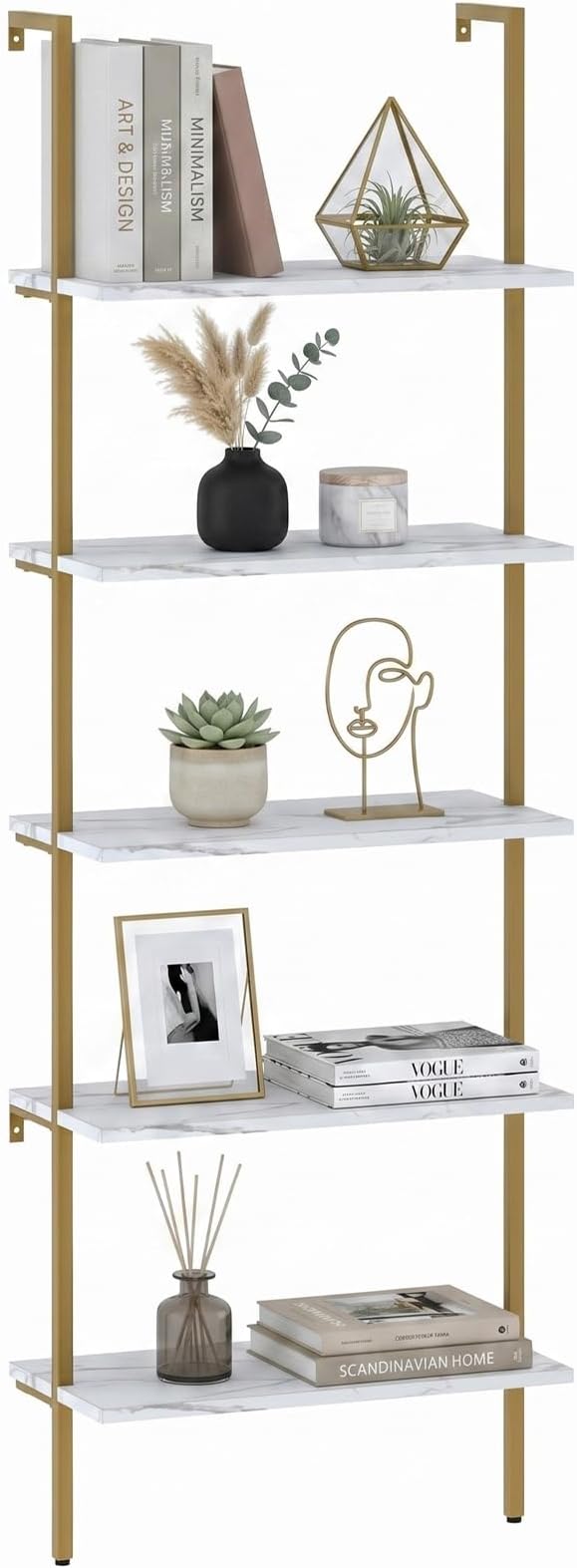 aboxoo Ladder Shelf White Marble Bookshelf 5-Tier Wall-Mounted Wood Rack by aboxoo