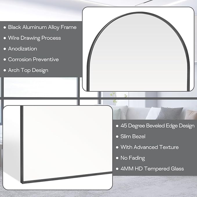 Large Black Arched Mirror, Arched Top Bathroom Vanity Mirror - Image 4