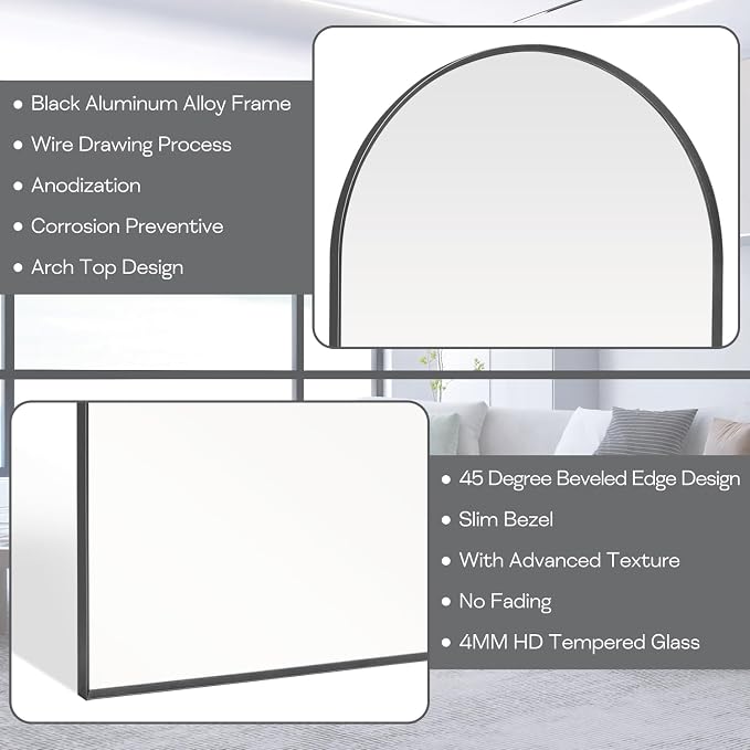24" x 32" Black Arched Mirror, Arch Wall Mirror, Metal Frame Black Bathroom - Image 3