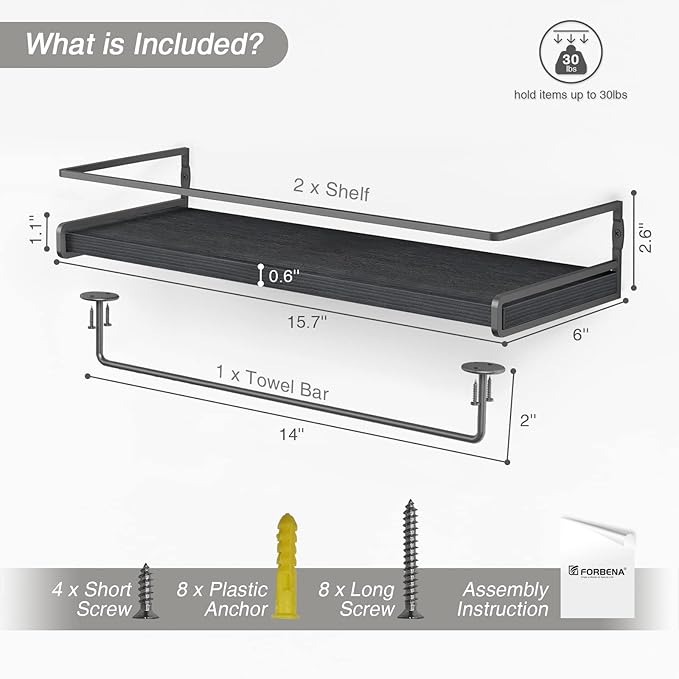 Forbena Black Floating Shelves for Bathroom Wall Set of 2, Kitchen Spice Rack - Image 3