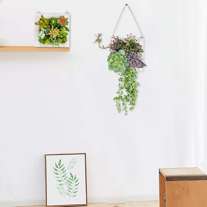 Hanging Wall Artificial Plants for Home Decor Indoor Faux Succulents in Wooden - Image 2