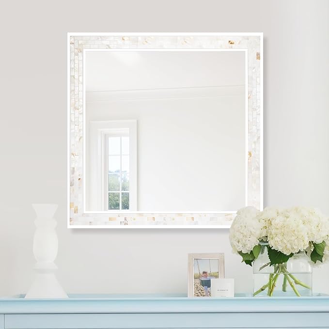 Tanmicoshomy 30 x 30 Inch White Rectangle Wall Mirror, Natural Shell Framed - Image 7