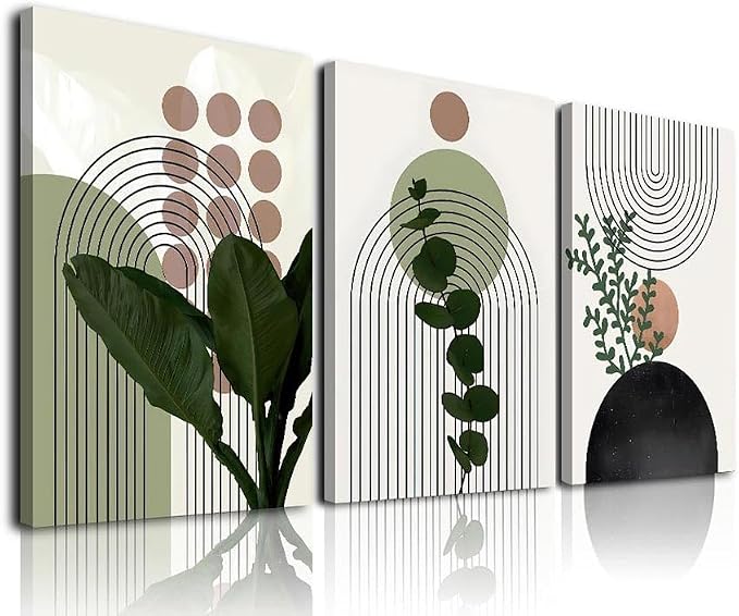 Sage Green Boho Wall Art, KBKBART Abstract Framed Canvas Wall Art Palm Leaf Sun by KBKBART