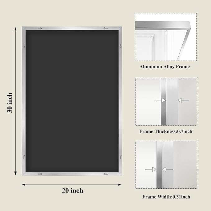 Koonmi Silver Rectangle Wall Mirror, 20x30 Inch Bathroom Mirror, Aluminum Frame - Image 2