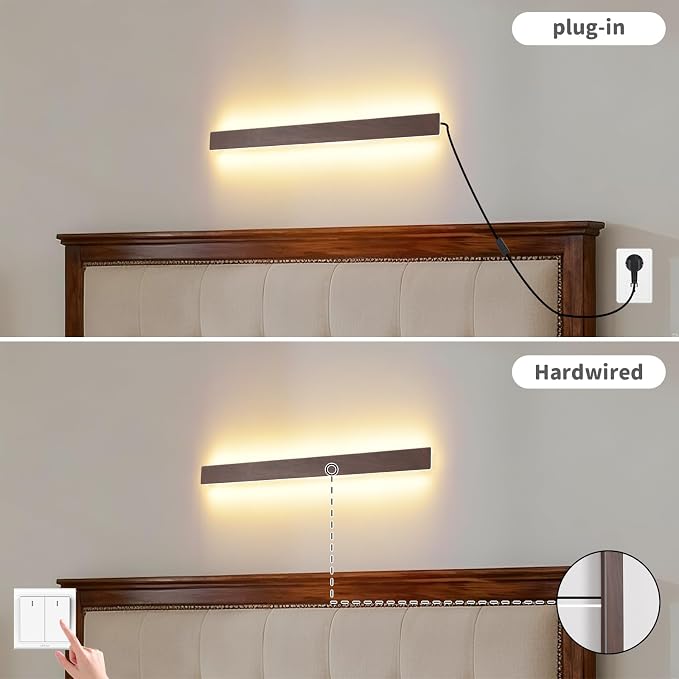 Farmhouse Plug in Wall Sconces, 23.6 inch Faux Walnut Finish LED Long Wall - Image 4