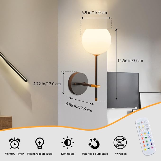Black Gold Battery Operated Wall Sconces Set of 2, Rechargeable Wireless Wall - Image 2