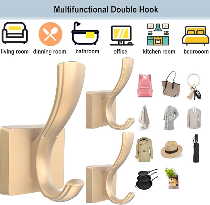 TOFIIGREM Gold Towel Hooks for Wall, Heavy Duty Thick Metal Bathroom Coat Hooks - Image 3