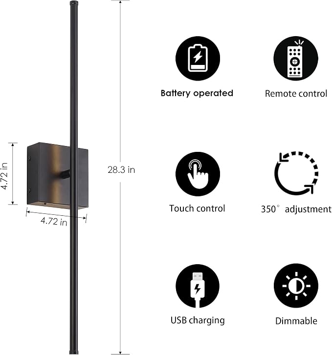 KARTOOSH 28.3 Inch Battery Operated Wall Sconces 3000K Warm White LED Wall - Image 5
