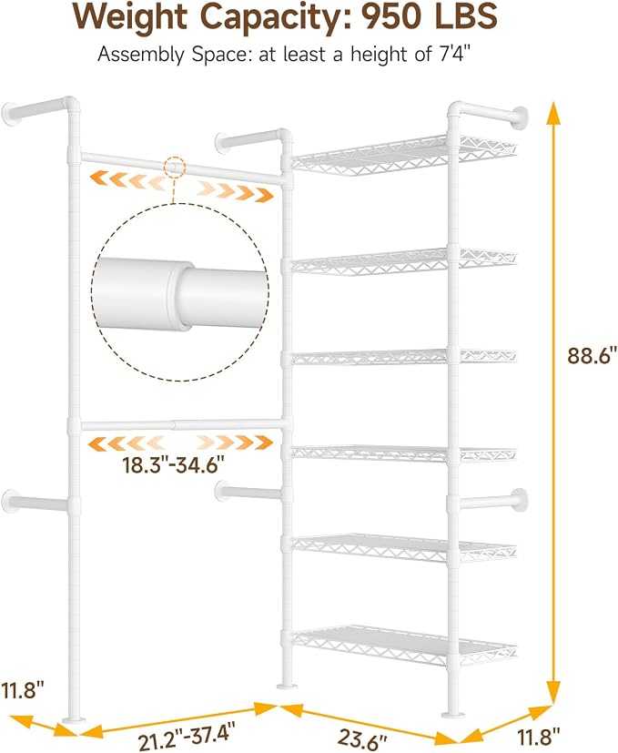L2 Wall Mounted Closet System, Industrial Pipe Clothing Rack Clothes Racks - Image 2