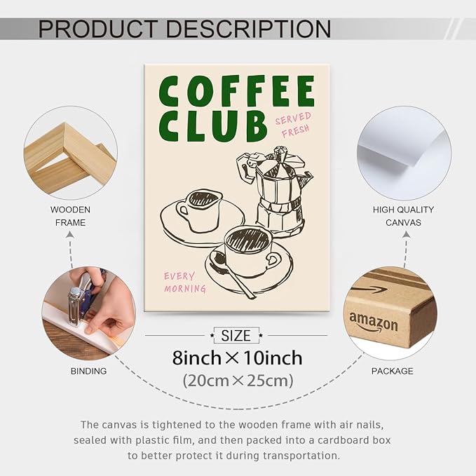 Framed Canvas Wall Art Posters Kitchen Coffee Club Print Vintage Coffee Artwork - Image 2
