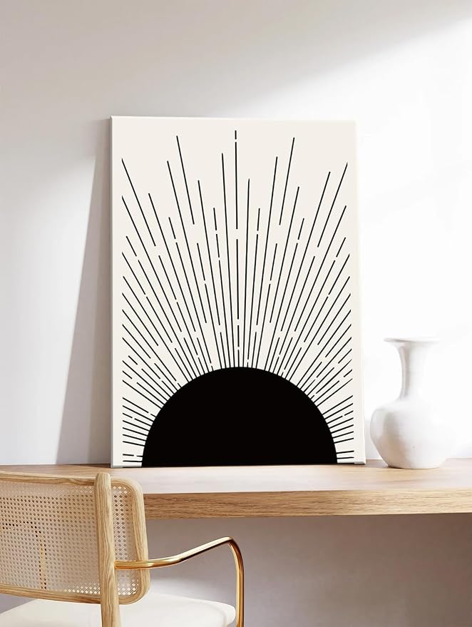 Hwetui Framed Boho Sun Wall Art Set of 2 Black and White Minimalist Sunrise - Image 5