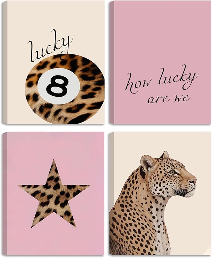 SEHSUVC Pink Lucky Leopard Wall Art Set of 4, Vintage Y2K Preppy Aesthetic by Unknown